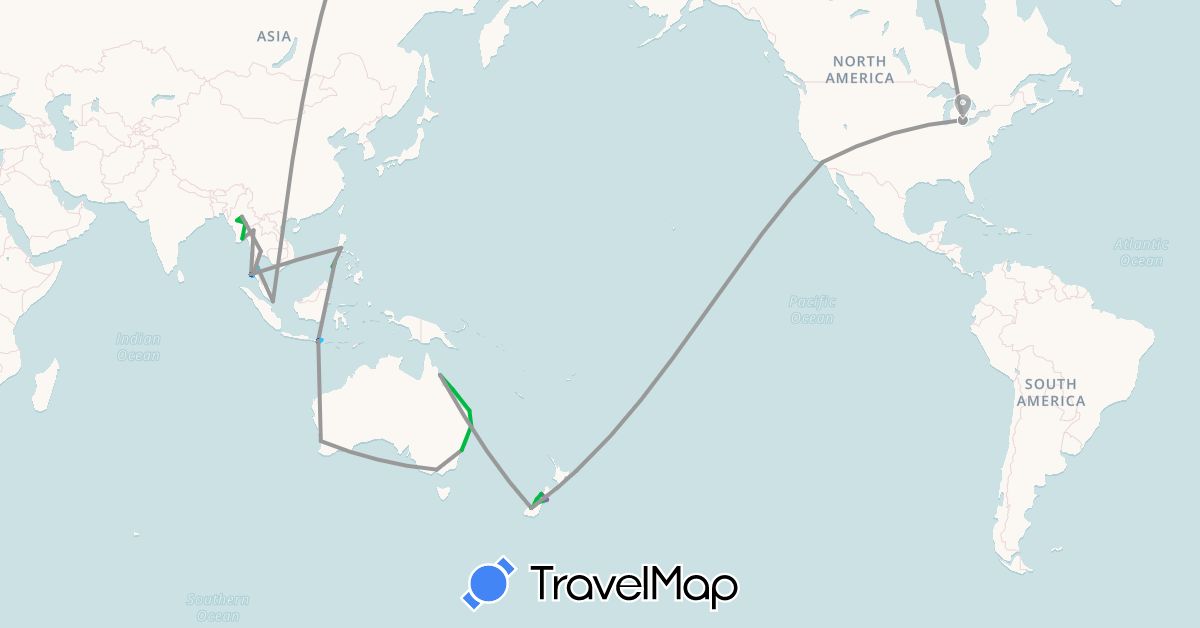 TravelMap itinerary: driving, bus, plane, train, boat, motorbike in Australia, Indonesia, Myanmar (Burma), New Zealand, Philippines, Singapore, Thailand, United States (Asia, North America, Oceania)
